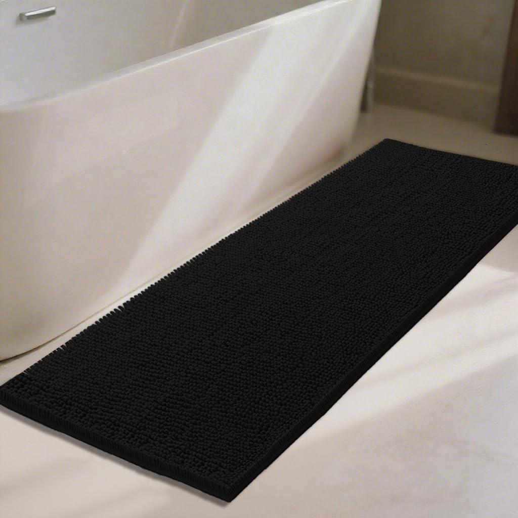 Badezimmerteppich, 70 x 24 cm, super saugfähig, weich, dick, maschinenwaschbar, Chenille-Badvorleger, rutschfester WC-Bodenteppich, Badematten für Badezimmerboden, Heimdekor-Zubehör, Schwarz