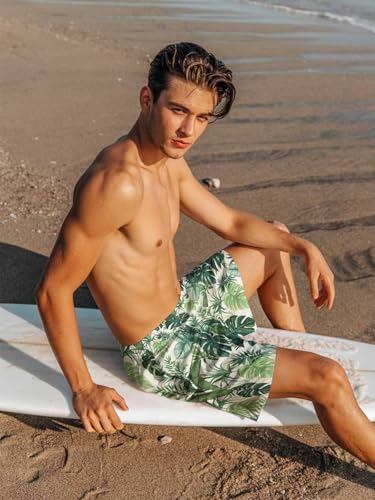 Mens Swim Trunks with Compression Liner,Tropical Palm Leaf Men's Inseam Board Shorts Quick Dry Bathing Suit for Men/Boys3