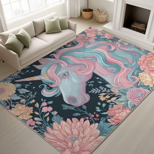 Genérico antideslizante de dibujos animados fantásticos lavables para hadas Animal soporte en TPR alfombra unicornio floral alfombra 80 x 150 cm para sala de estar, dormitorio, oficina