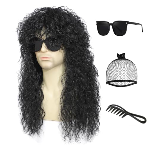 Men’s 80s Rock Mullet Wig, Long Fluffy Curly Heavy Metal Costume Wig, 70s Disco Punk Hair Wig for Halloween, Cosplay, Themed Party‑Black