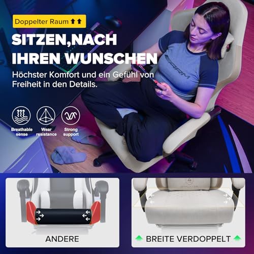 Sedia da gaming, ergonomica, da scrivania, con superficie in tessuto, cuscino a molla, braccioli di collegamento e poggiapiedi, beige-marrone - Sedia gaming - Immagine 3