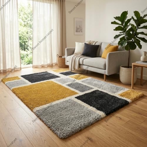 Image of SWEET HOMES Carpets for Living Room Bedroom Handwoven Ultra Soft Irregular Shaggy Rug, 10 x 14 Feet (305 x 427 cm), Yellow Grey