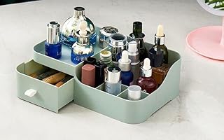 منظم مستحضرات التجميل مع درج، لون أخضر فاتح، صندوق تخزين متعدد الأقسام للعناية بالبشرة