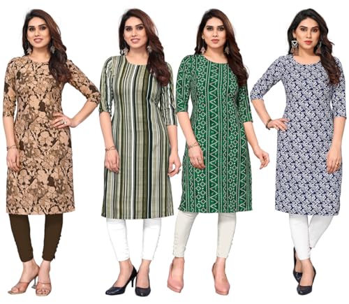 Image of JAKHANA Women's Crepe Printed Casual Straight Calf Length Round Nick Kurta Pack of 4