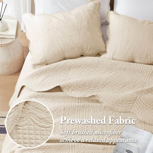 Image of Madison Park Cottage Damask Coverlet Set, 3 PC Full /Queen Quilt Set | Scallop Edge, All Season Oversized Bedding with Pre-washed Cotton-Filled Quilt, Shams, Cream