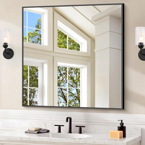 Image of COFENY Black Bathroom Mirror for Wall, 30x30 Inch Rectangle Mirrors with Metal Frame, Modern Vanity Wall Square Mirror for Bathroom Living Room, Entryway Hangs Horizontal or Vertical