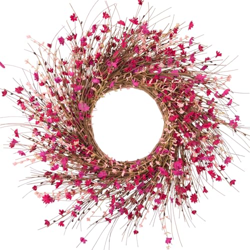 wwmira 26 Inch Pink Wildflower Wreath with Berries - Handmade Spring Summer Easter Decoration for Front Door Wall Fireplace Wedding Party - Indoor/Outdoor Use (Rose Red)