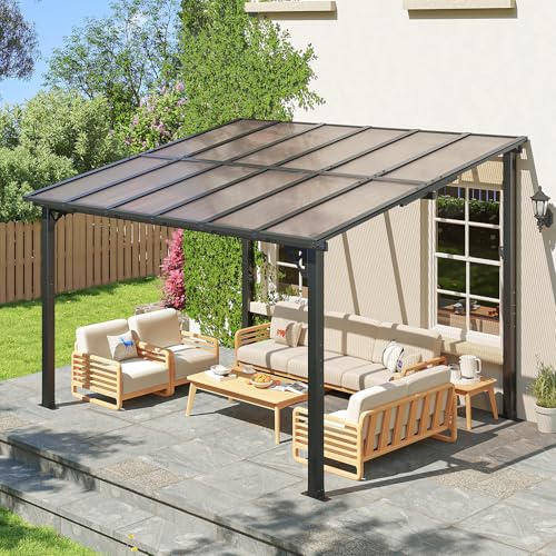 Image of 10x12FT Lean to Gazebo, Hardtop Metal Pergola with Polycarbonate Roof, Large Wall Mounted Heavy Duty Awnings, Patio Canopy for Backyard, Deck, Porch