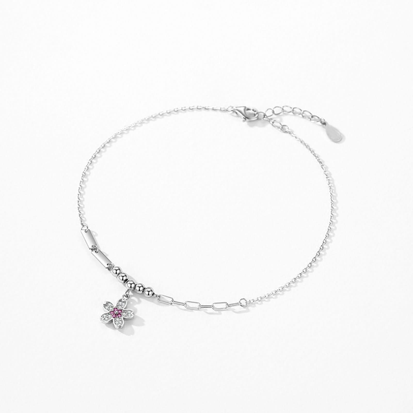 Pulsera para Mujer de Oro Blanco 9Kilates / 14Kilates / 18Kilates, Flor con Zafiro Rosa y Diamante, Cadena Extensible 16 CM + 5 CM, Pulseras Mujer Ajustable Plata Rosa