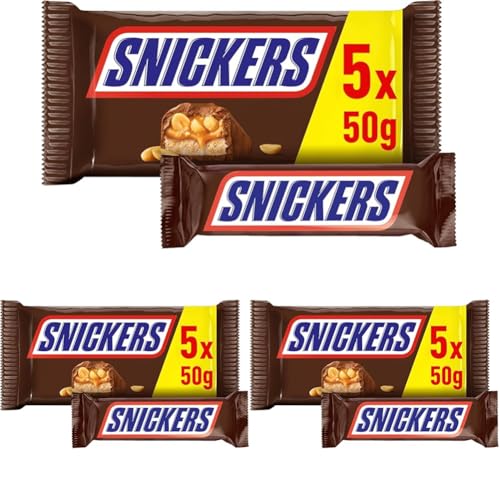 Snickers Chocolatina con Deliciosa Crema de Cacahuete, Suave Caramelo y trocitos de Cacahuete recubiertos de Chocolate con Leche, 5 x 50g (Paquete de 3)