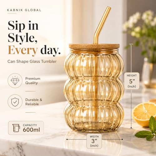 Image of Glass Tumblers with Wooden Lid and Glass Straw, 600ml, Borosilicate Glass, for Coffee, Iced Coffee, Juice and Smoothies, Coffee Mug, Sipper (Golden - Pumpkin Shape)