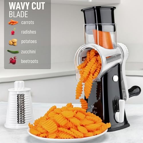 Image of Zulay Kitchen Rotary Cheese Grater 5 Blade Cheese Shredder - Manual Hand Crank Cheese Grater With Reinforced Suction & 5 Interchangeable Drums - Easy to Use, Vegetable Chopper Round Mandoline Slicer