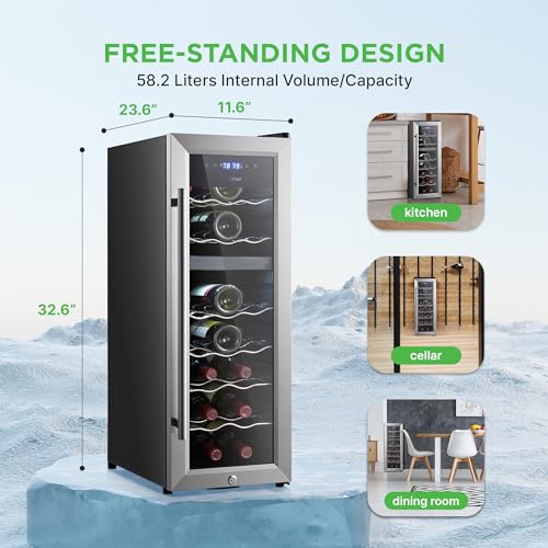 Image of Nutrichef 18 Bottle Wine Fridge | Dual Zone Wine Chiller | Adjustable Temperature 41F to 64F | Ultra Quiet Operation | Wine Cooler For Home & Office | Free Standing 32x11x23 IN | Black