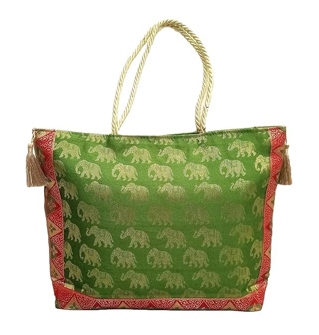 Image of Hand Purse | Traditional Hand Purse | Silk Wallet Hand Bag | Shagun HandPurse | Gifts HandBag | Golden Handle Tote Handbag | Brocade Shoulder Bag | 16 INCH