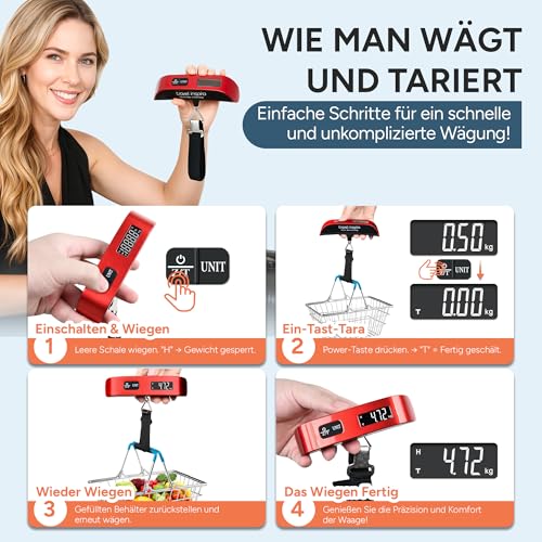 travel inspira Kofferwaage Digital mit Haken Gepäckwaage bis 50KG Rot – Ansicht 6