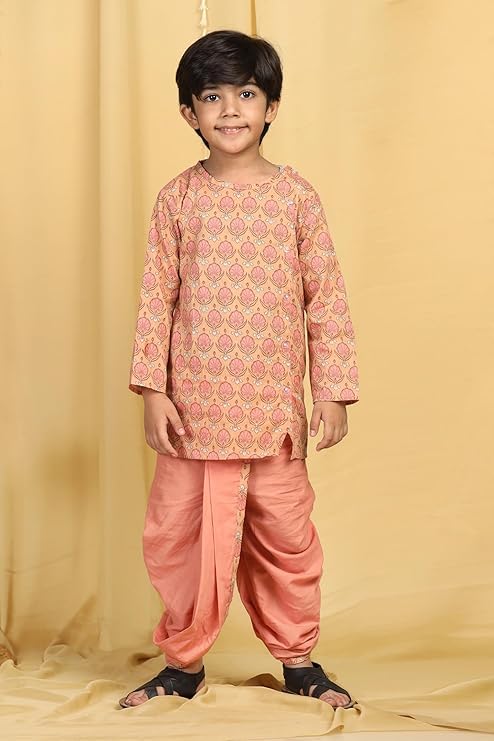 Image of AJ DEZINES Kids Cotton Printed Dhoti Kurta Set For Boys | Fashionable Bandhani Print Kurta | Stylish Boys Kurta Set | Perfect For Festivals Wedding & Family Function Wear