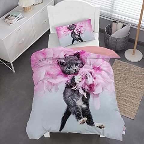 HOMHOMHA Cute Cat Duvet Cover Set Single Size for Girl Kids Bed Cover Adults Bedroom,Grey Kitty Pink Feather 3D Bedding Duvet Cover Cat Themed Bedspread,Soft Microfiber Bed Set Cover