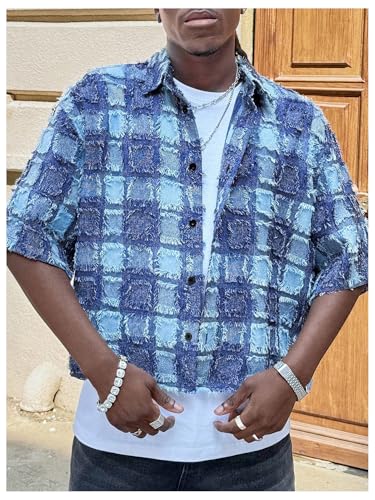 GORGLITTER Men's Cropped Shirt Button Up Short Sleeve Color Block Distressed Y2k Crop Top Streetwear4