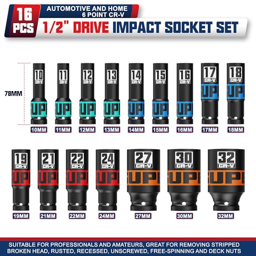 Image of 16 Piece 1 /2 inch Drive Impact Socket Set, 10-32 mm Thicker Deep Sockets, Metric Socket Set, 6-Point, Cr-V, Automotive and Home