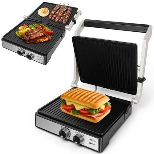 Kontaktgrill abnehmbare Platten 30 Minuten Timer Panini Toaster Sandwichtoaster Elektrischer Tischgrill Kontaktgrill für Sandwiches, Steak für fettfreies Grillen Keramikbeschichtet, Indoor-Grill