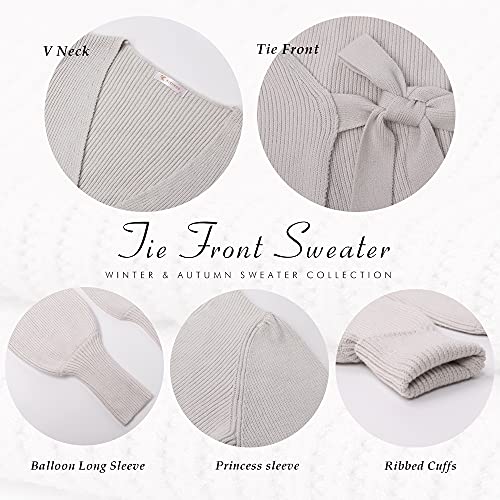 Kirundo 2023 Women's Fall Winter Wrap V Neck Sweater Balloon Sleeves Ribbed Knitted Pullover Tie Front Tunic Top Jumper(Large, Khaki) #TOP5