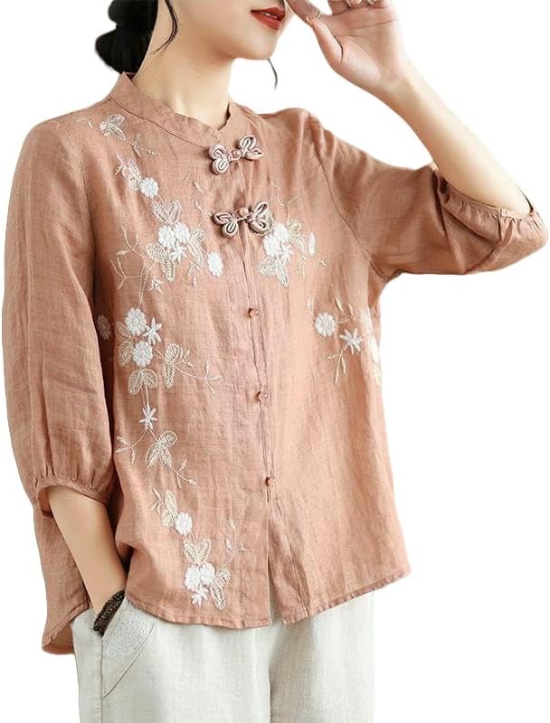 Women's Collar Frog Button Top Retro Heavy Embroidered Blouse Summer 3/4 Sleeve Cotton Linen Top