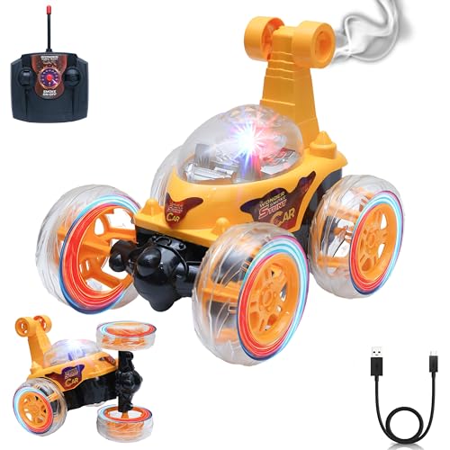 Image of Wonder Stunt Rc Car | Smoke Function and Led Lights | Abs Plastic Body | 360 Degree Spinning Wheels Rechargeable Battery Type C Charging | Remote Control Toy for Kids - Yellow