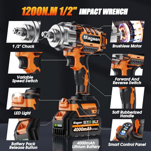 MAGSEN 1/2" Cordless Impact Wrench, 900Ft-lbs (1200N.m) Brushless High Torque Impact Gun,3800RPM,3 Variable Speeds,LED Light,2x4000mAh Battery, 5 Sockets,Electric Impact Gun for Car/Mower/Pickup - image 8