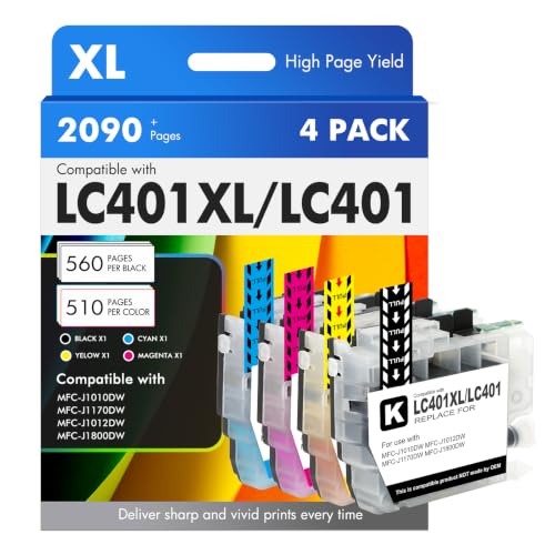 Image of LC401XL MFC-J1010DW LC401 Ink Cartridges for Brother Printer MFC J101DW | Compatible for Brother LC401XL 401 MFC-J1010DW MFC-J1170DW MFC-J1012DW MFC-J1800DW J1010DW - 4 Pack Black Cyan Magenta Yellow