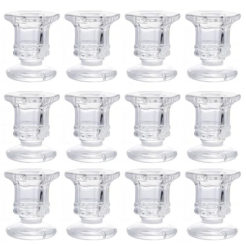 12Pcs Glass Candle Holder Clear Taper Holders Small Candlestick Stands in Bulk for Wedding Dinner Table Party Festive Decor and Everyday Decoration (Clear)