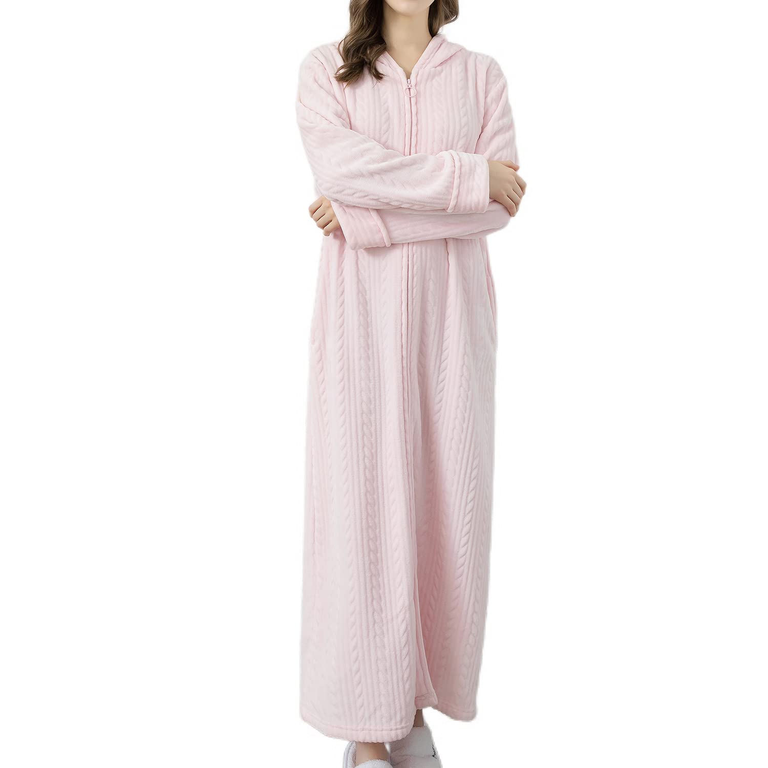 Womens Long Sleeve Robe Oversized Long Hooded Fleece Bathrobe Zipper Soft Plush Housecoat Fluffy Maxi Duster Robe