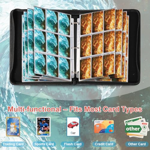 Image of Dragon 9 Pocket Trading Card Binder Album, Holds 900 Cards with 50 Removable Double-Sided Sleeves, Waterproof PU Leather Zipper Binder for TCG, MTG, Sports Cards
