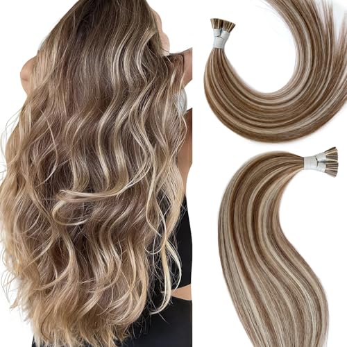 Eliysako Remy-Hair I Tip Hair Extensions Human Hair 18inch 40g/pack I Tips Hair Extensions Real Itip Human Hair Extensions Color #P4/16 Light Blonde Mix Dark Brown