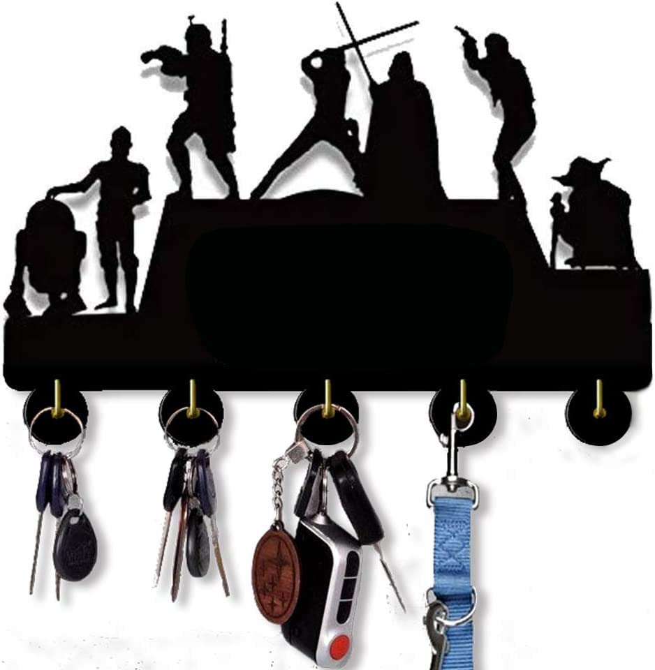SWars Key Hooks for Wall Science Fiction Film Key Holder Gifts for Men Wall Mounted Decorative with 5 Hooks Wood Key Organizer Rack Hanger for Entryway, Front Door, Hallway, Office 12X8 inches (A)
