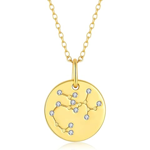 14K Gold Zodiac Necklace for Women, 925 Sterling Silver Constellation Star Coin Disc Connected Engraved Horoscope Sign Astrology Pendant, Celestial Jewelry Birthday Mother's Day Gifts for Her Mom Girlfrined