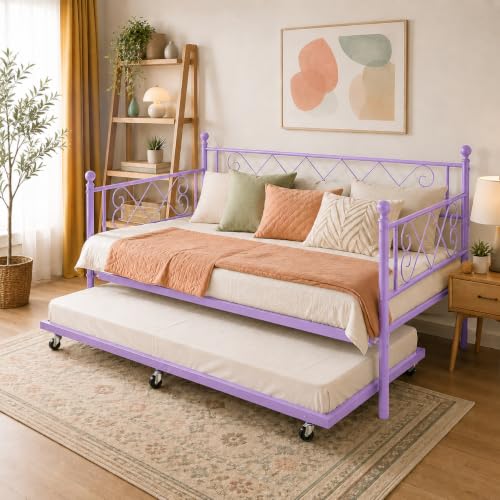 Image of Garvee Daybed with Pull Out Trundle, Metal Sofa Bed Frame with Heart Headboard, Steel Slat Support, No Box Spring Needed, Guest Bed for Bedroom, Living Room,