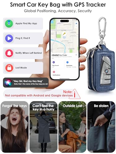 Image of Keychain, Works with Apple Find My, Key Finder Built-in Anti-Loss Tracker, Leather Car Fob Key Holder, Double-Layer Car Key Chains with Global Locator Tracking, Rechargeable (Navy Blue)