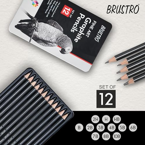 Image of BRUSTRO Fine Art Graphite Pencil - Set of 12 (10B - 2H) with Mechanical Precision Retractable Eraser(2.3mm) | Ideal for Drawing,Sketching,Mandala,Shading,Artwork, Beginners, Artists and Professionals