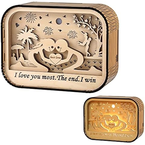 3D I Love You Gifts for Her Him Birthday Gift Anniversary Present for Husband Wife Boyfriend Girlfriend Wooden Crafts Desktop Ornament with Light for Office Home I Love You Most The End I Win Cover