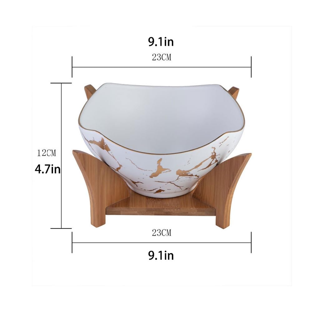 Miski do sałatek, duża salaterka z drewnianym stojakiem i przyborami do serwowania, ceramiczna miska do serwowania owoców, ciast, makaronów, deserów, łatwa do czyszczenia, biała