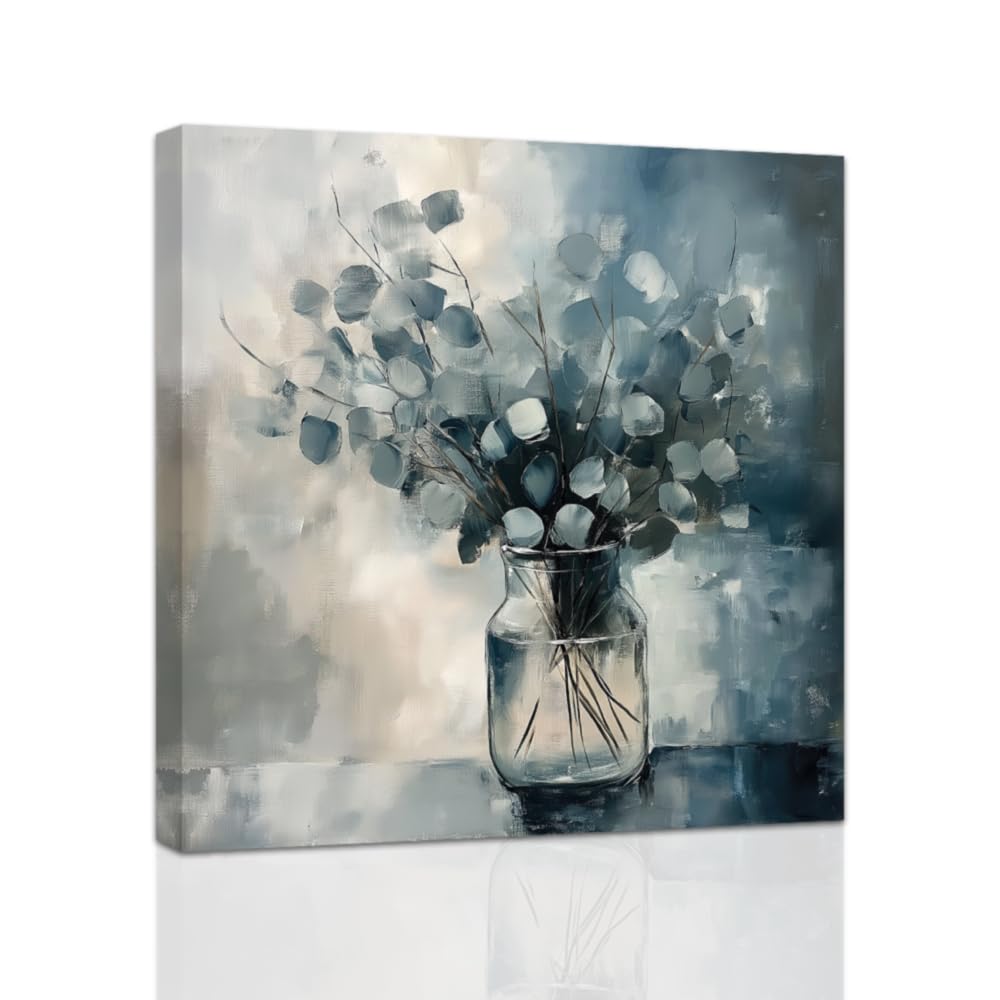 ZXHYWYM Eucalyptus Wall Art Green Leaf Paintings Farmhouse Plant Pictures Rustic Botanical Canvas Prints for Bedroom Kitchen Decor Framed (30 x 30 cms)