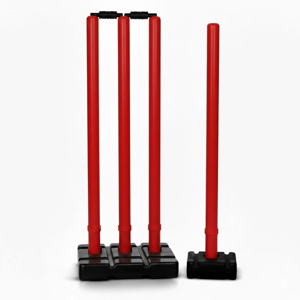 Bodyfit Heavy Cricket Stumps | PVC Wickets Set with 4 Stumps + 2 Bails + 2 Stands | Full Size Wickets for Cricket Ground, Tournament Wicket, Floro-Red.-image-11
