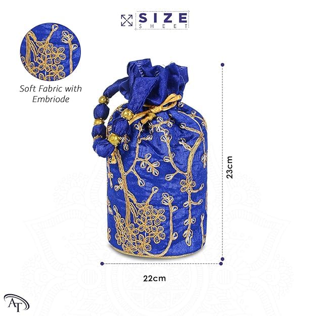 Image of Women Potli Bags | Zari Embroidered Silk With Drawstring | Traditional Return Gifts for Mehandi, Haldi, Baby Shower, Wedding, Sangeet, Seemantham