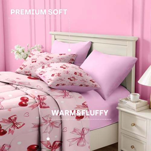 Image of Nesker 7 Pcs Comforter Set Full Size, Cherry Bow Bedding for Kids Teen with Fitted Sheet 2 Pillowcases & 2 Shams for Bedroom Bed Decor