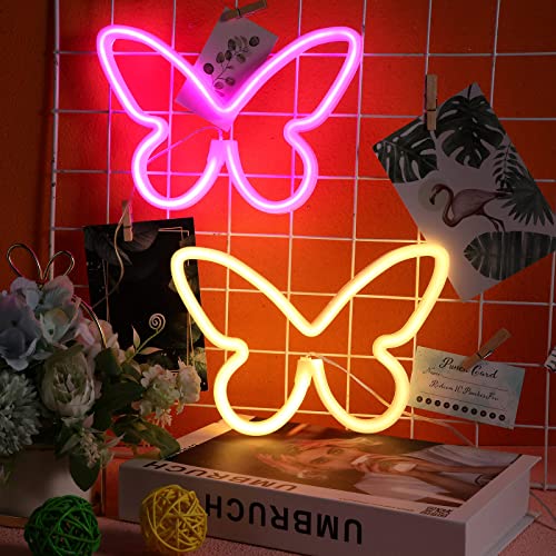 Image of Riakrum 2 Pcs Butterfly Neon Signs LED Lights Decor,Pink, Warm White