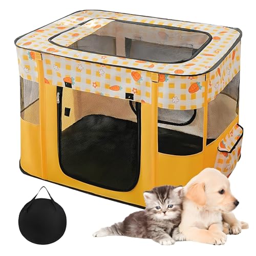 Foldable Pet Playpen For Cat Portable Cat Pen And Pop Up Cat Crate For Travel With Carry Bag 600D Oxford Cloth Pet Tent For Small Pets Kittens Rabbits Indoor & Outdoor Camping(70x55x45cm Yellow)
