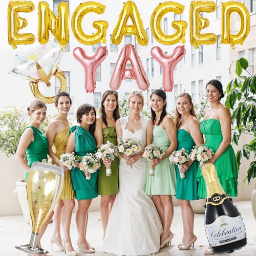 Image of Gold Engagement Party Decorations, Engaged Yay Balloons Letters Banner, Diamond Ring Black Champagne Bottle Balloon Glass Foil Balloon for Bachelorette Engagement Wedding Bridal Shower Party Supplies