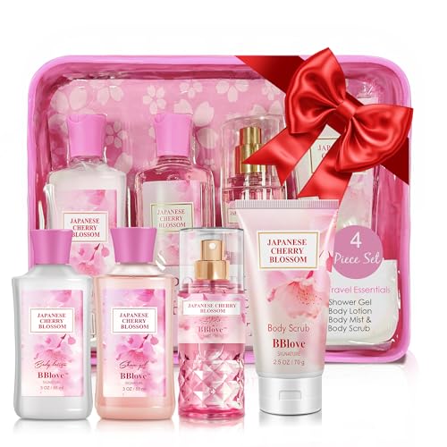 Bath and Body Gift Set for Women and Girls 4PC Travel Size Self Care Spa Kit with Body Scrub Shower Gel Body Lotion & Mist Japanese Cherry Blossom Floral Scent Gift for Teens Mom Bride