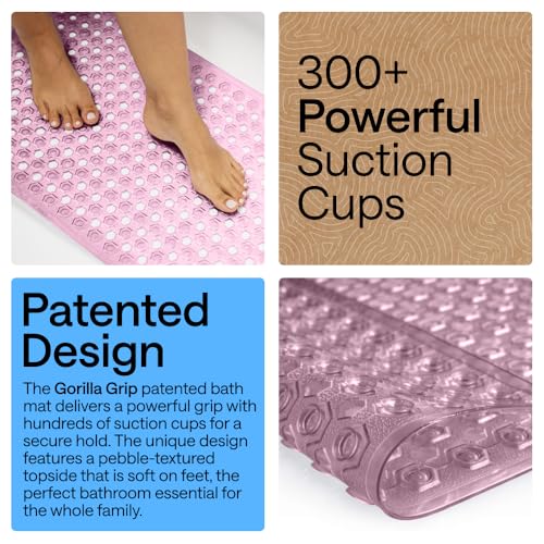 Image of GORILLA GRIP Patented Bath Tub Shower Mat, Machine Washable Bathtub Floor Liner Mats, Suction Cups and Drain Holes to Keep Tubs Clean, Soft on Feet, Bathroom Essentials, 35x16 Inch, Clear Purple