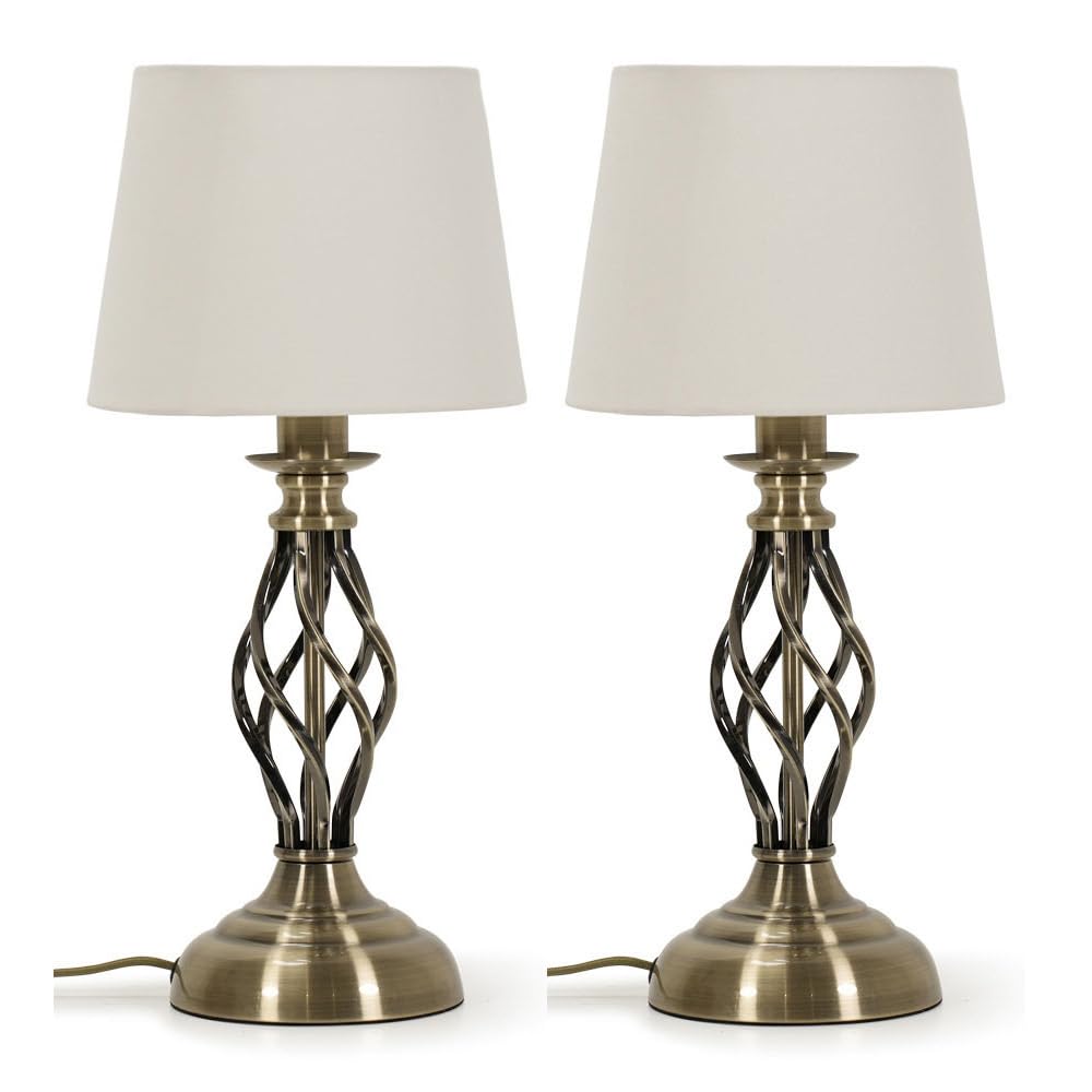 ValueLights | Pair of - Traditional Antique Brass Bedside Table Lamps for Living Room with Fabric Lampshade Bedroom Light + LED Bulbs | Table Lamps & Home Improvements Essential
